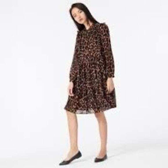 J Crew Women’s Size XS Tie Neck Tiered Dress Brown Leopard Print Long Sleeve - Picture 2 of 14